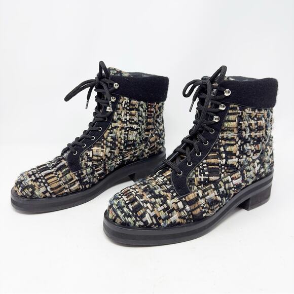 Chanel Tweed Lace Up Combat Ankle Boots 40 - Picture 1 of 13